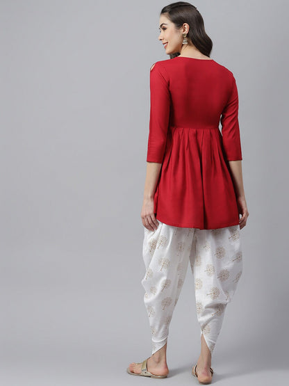Women's Embellished Rayon Pleated kurta Dhoti Pant Set (Maroon, Off White) (Pre-Order)