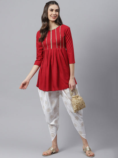 Women's Embellished Rayon Pleated kurta Dhoti Pant Set (Maroon, Off White) (Pre-Order)
