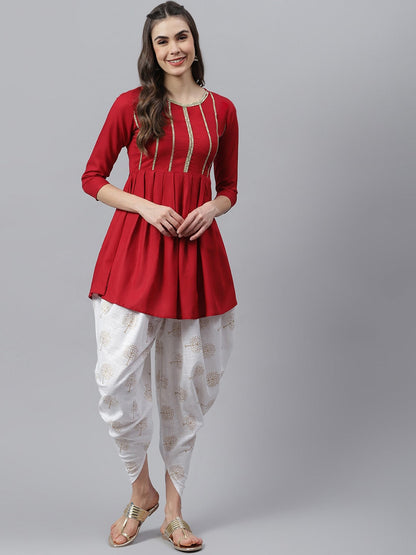 Women's Embellished Rayon Pleated kurta Dhoti Pant Set (Maroon, Off White) (Pre-Order)