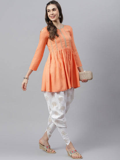 Women's Embellished Rayon Pleated kurta Dhoti Pant Set (Peach, Off White) (Pre-Order)