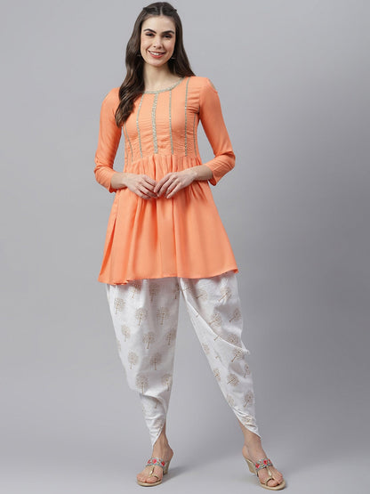 Women's Embellished Rayon Pleated kurta Dhoti Pant Set (Peach, Off White) (Pre-Order)