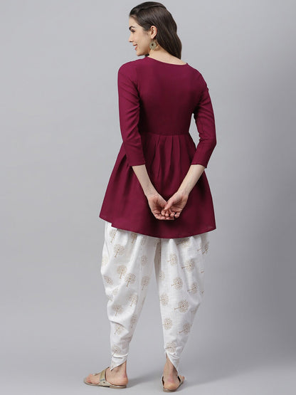 Women's Embellished Rayon Pleated kurta Dhoti Pant Set (Purple, Off White) (Pre-Order)