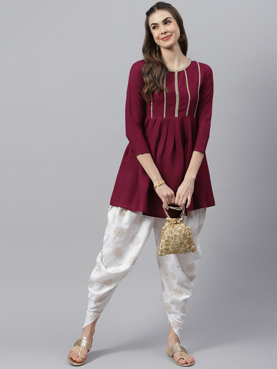 Women's Embellished Rayon Pleated kurta Dhoti Pant Set (Purple, Off White) (Pre-Order)