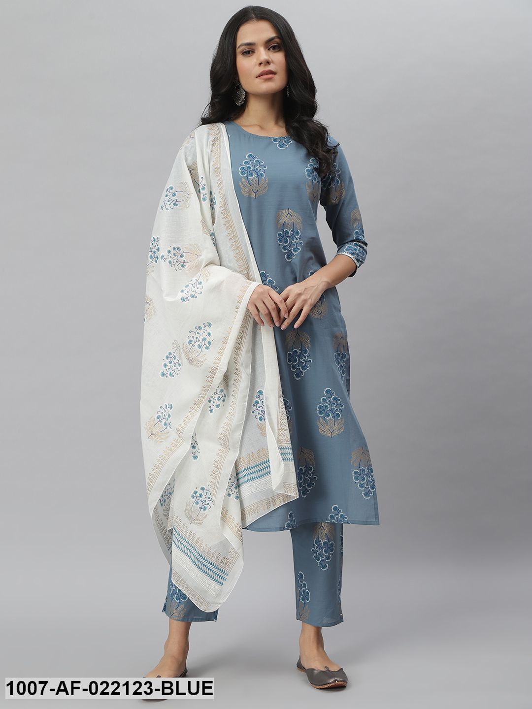 Women's Printed Cotton Straight Kurta Pant Dupatta Set (Denim Blue) (Pre-Order)