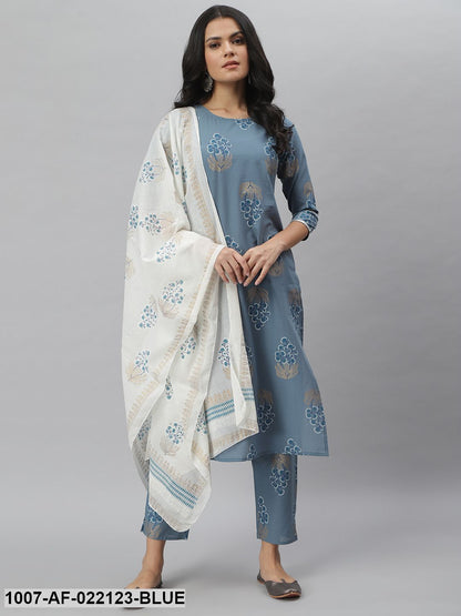 Women's Printed Cotton Straight Kurta Pant Dupatta Set (Denim Blue) (Pre-Order)