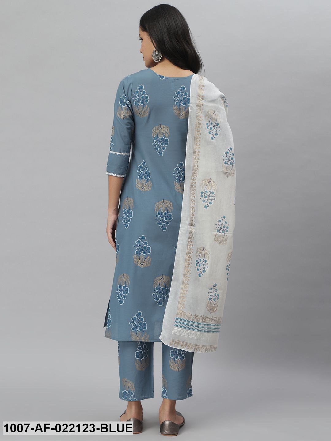 Women's Printed Cotton Straight Kurta Pant Dupatta Set (Denim Blue) (Pre-Order)
