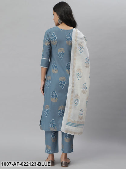 Women's Printed Cotton Straight Kurta Pant Dupatta Set (Denim Blue) (Pre-Order)