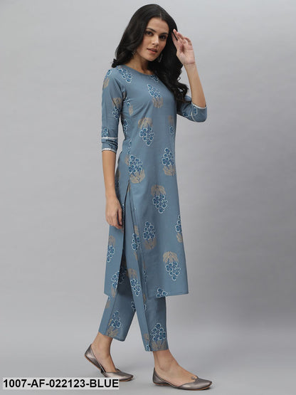 Women's Printed Cotton Straight Kurta Pant Dupatta Set (Denim Blue) (Pre-Order)