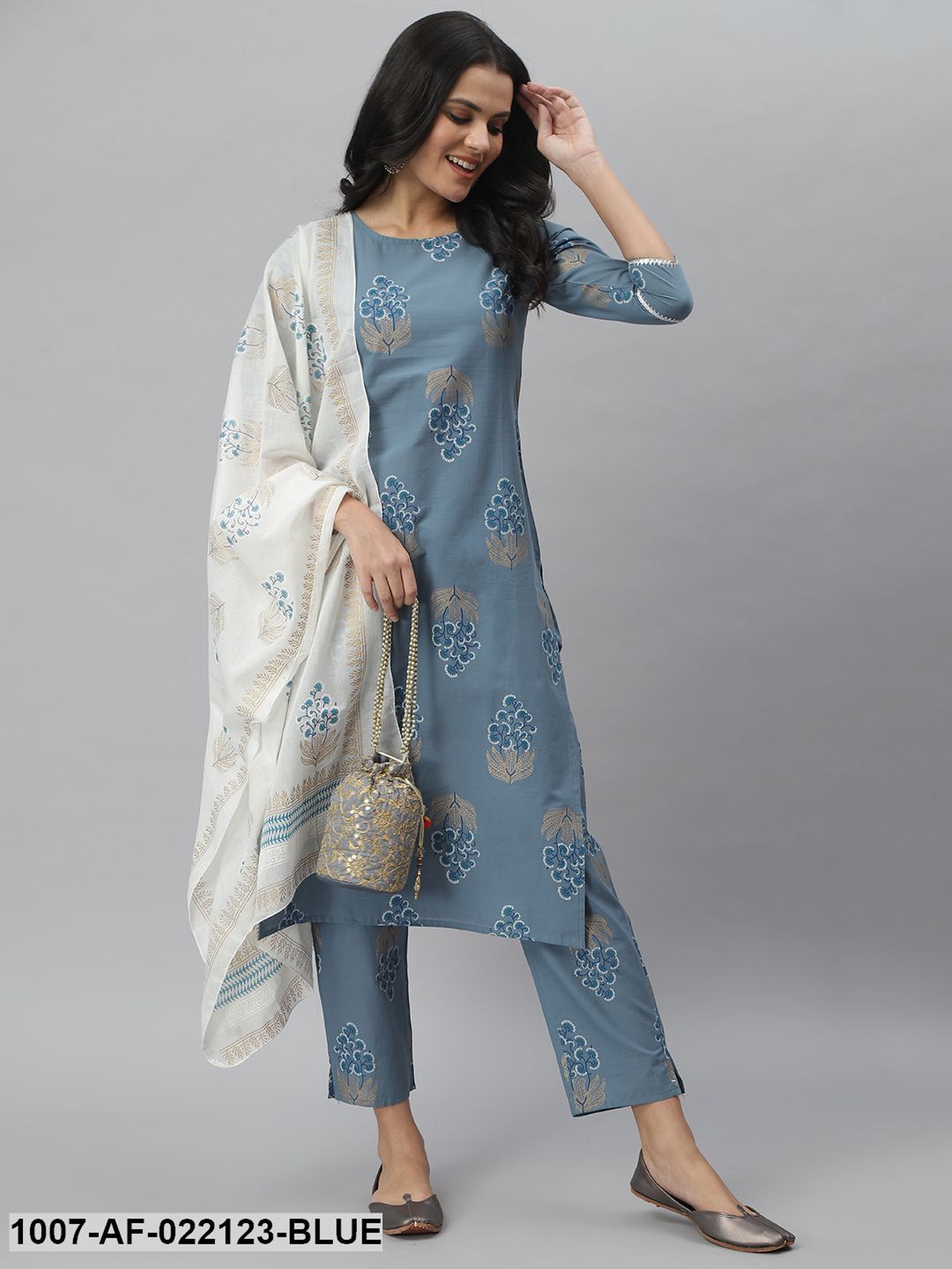 Women's Printed Cotton Straight Kurta Pant Dupatta Set (Denim Blue) (Pre-Order)