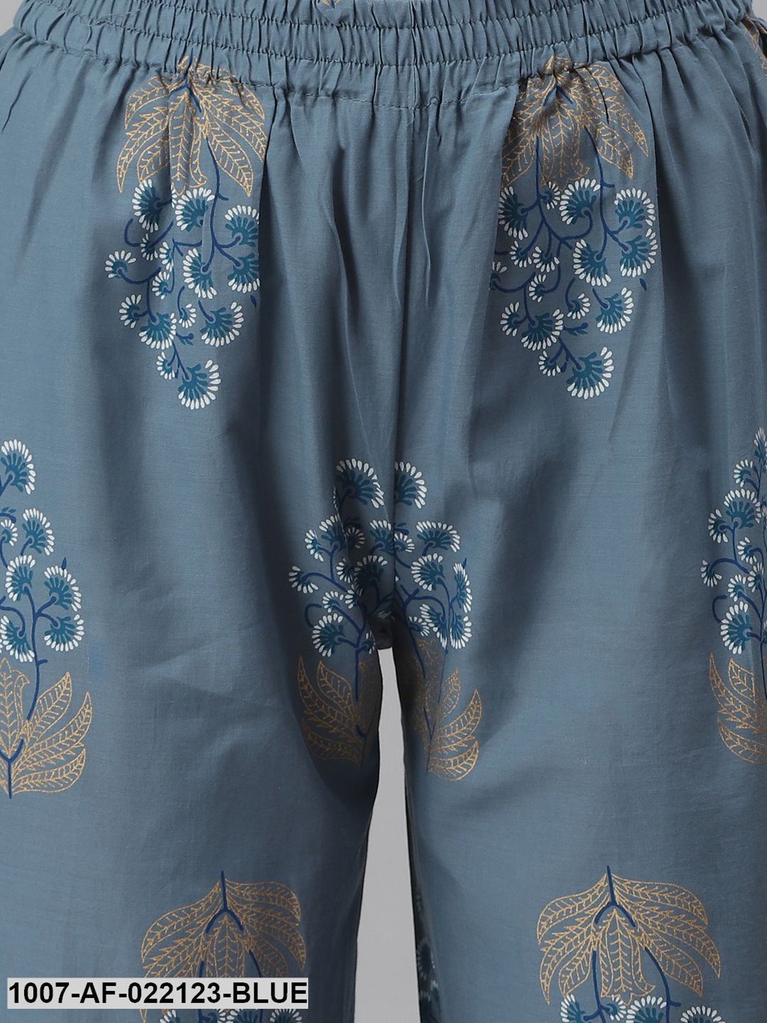 Women's Printed Cotton Straight Kurta Pant Dupatta Set (Denim Blue) (Pre-Order)