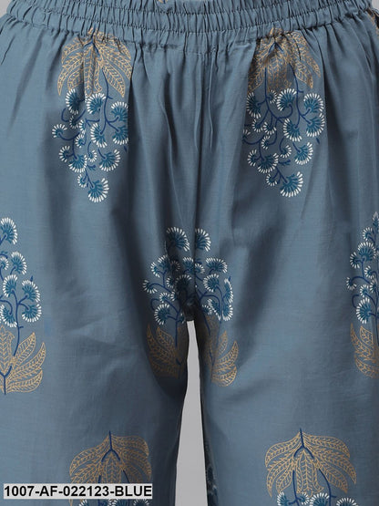 Women's Printed Cotton Straight Kurta Pant Dupatta Set (Denim Blue) (Pre-Order)