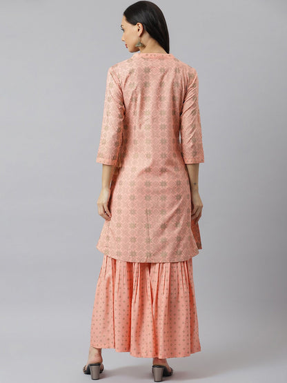 Gold Printed Rayon Angrakha Kurta with Sharara (Pre-Order)