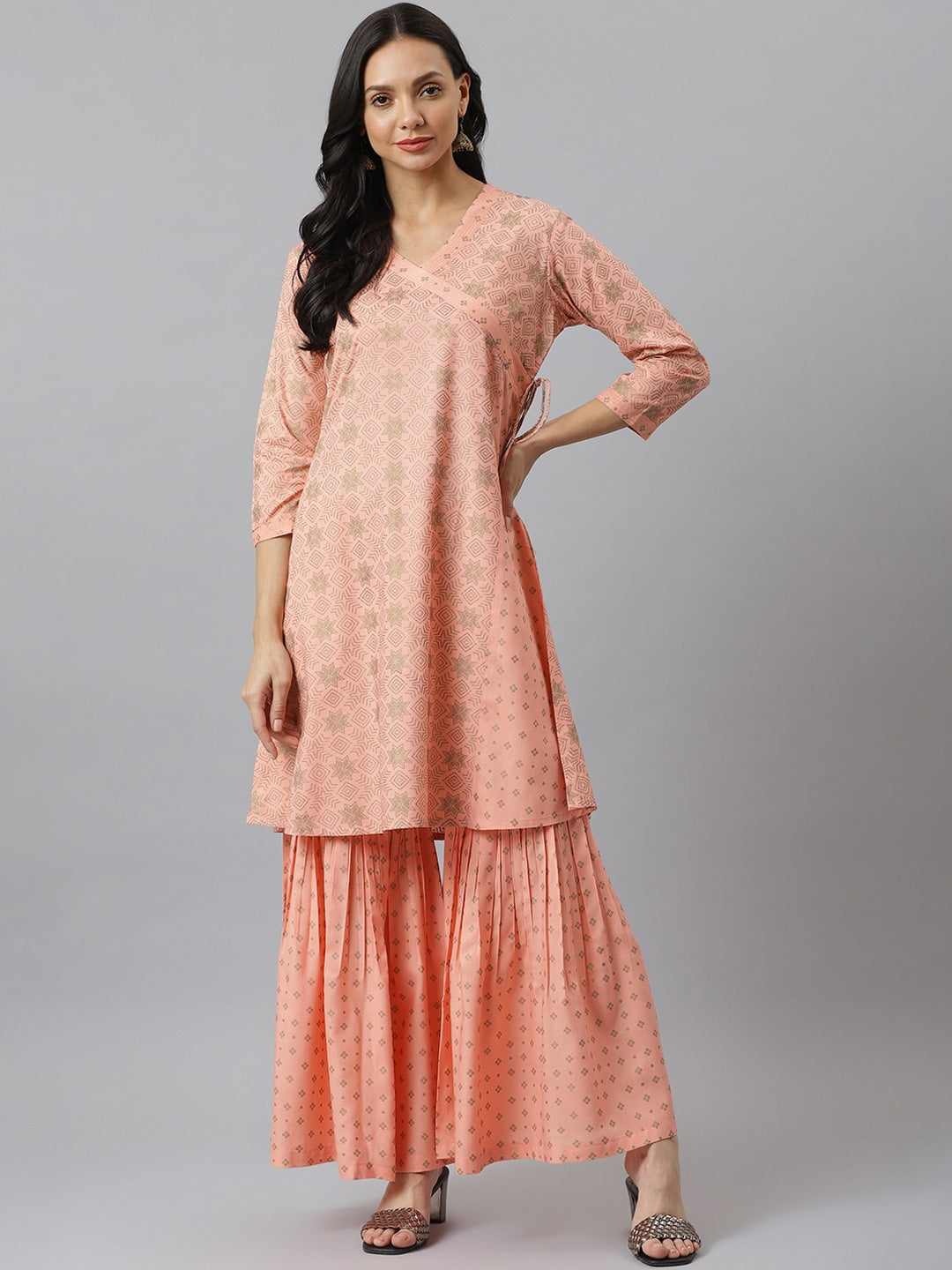 Gold Printed Rayon Angrakha Kurta with Sharara (Pre-Order)