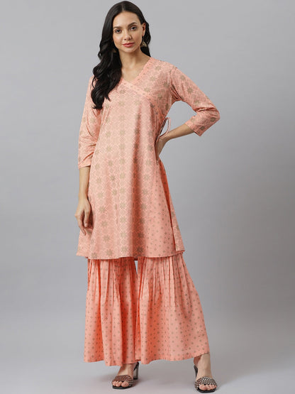 Gold Printed Rayon Angrakha Kurta with Sharara (Pre-Order)