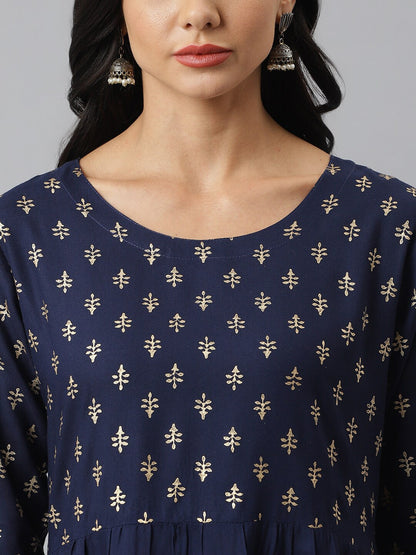 Gold Printed Rayon Flared Kurta Pant Dupatta Set (Pre-Order)