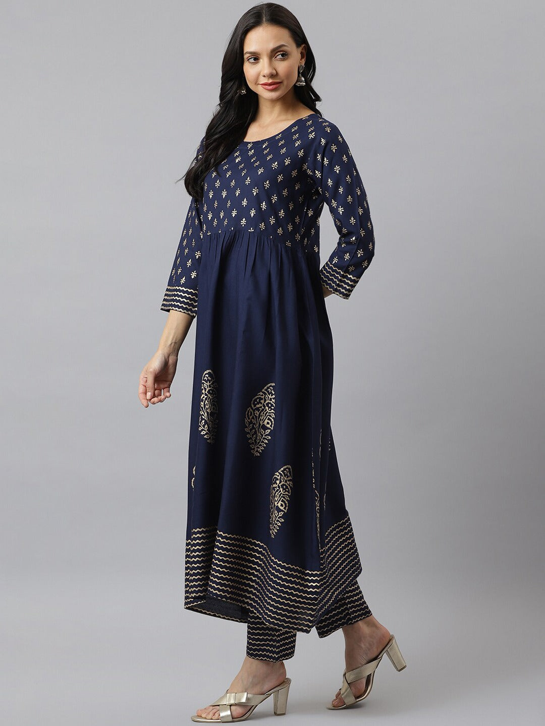 Gold Printed Rayon Flared Kurta Pant Dupatta Set (Pre-Order)