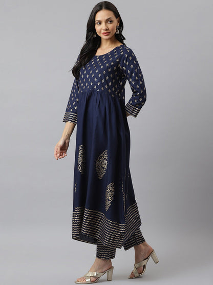 Gold Printed Rayon Flared Kurta Pant Dupatta Set (Pre-Order)