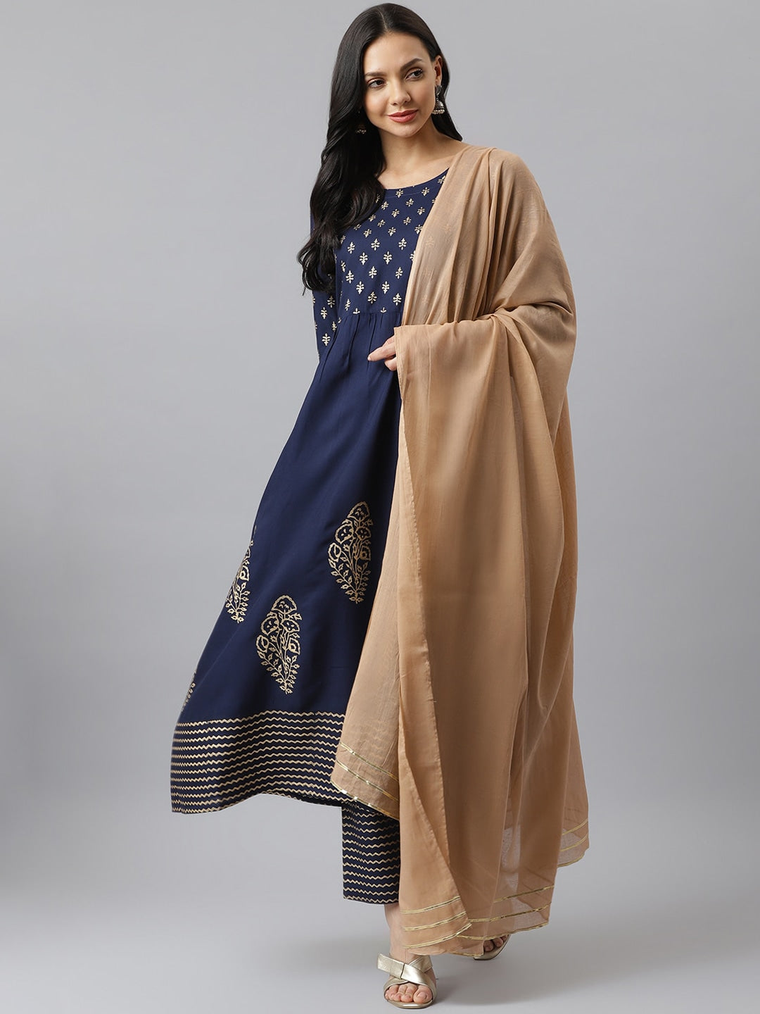 Gold Printed Rayon Flared Kurta Pant Dupatta Set (Pre-Order)