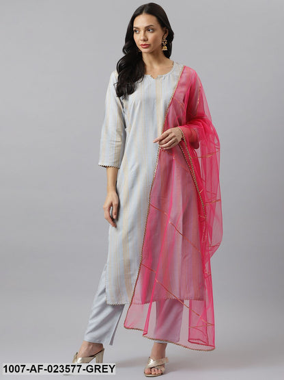 Striped Rayon Straight Kurta Pant Dupatta Set (Pre-Order)