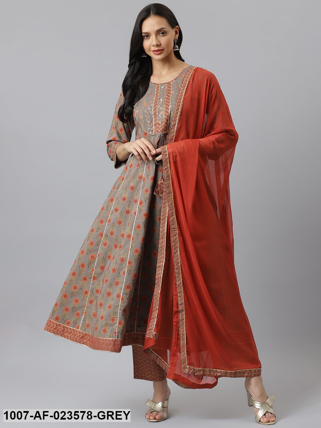 Floral Printed Cotton Anarkali Kurta with Pant & Dupatta (Pre-Order)
