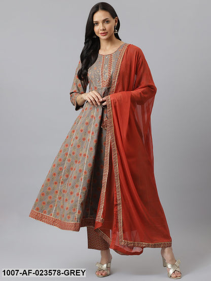 Floral Printed Cotton Anarkali Kurta with Pant & Dupatta (Pre-Order)
