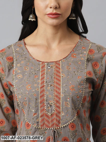 Floral Printed Cotton Anarkali Kurta with Pant & Dupatta (Pre-Order)