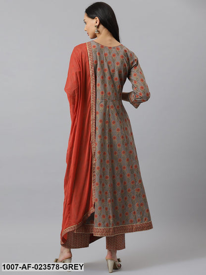 Floral Printed Cotton Anarkali Kurta with Pant & Dupatta (Pre-Order)