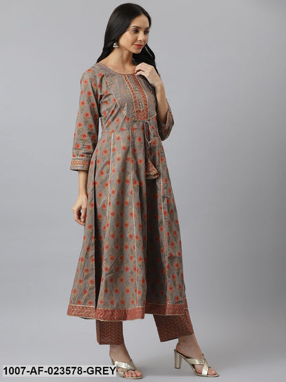 Floral Printed Cotton Anarkali Kurta with Pant & Dupatta (Pre-Order)