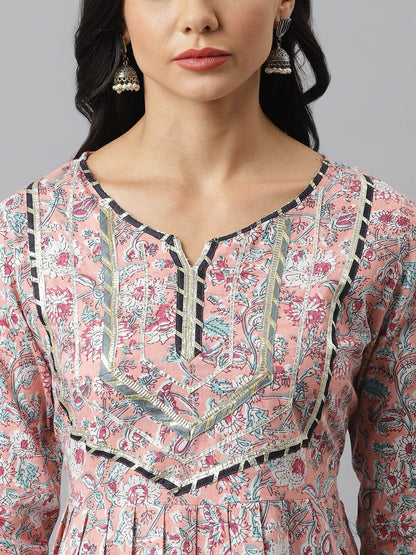 Floral Printed Cotton Pleated Kurta Dhoti Pant Set (Pre-Order)