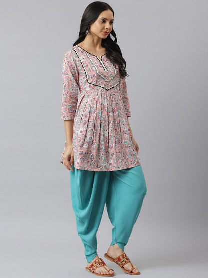 Floral Printed Cotton Pleated Kurta Dhoti Pant Set (Pre-Order)