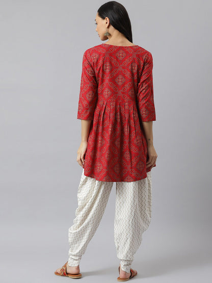 Bandhani Print Rayon Pleated Kurta Dhoti Pant Set (Pre-Order)