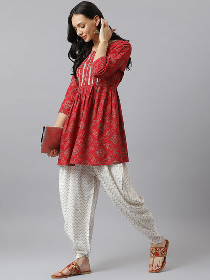 Bandhani Print Rayon Pleated Kurta Dhoti Pant Set (Pre-Order)