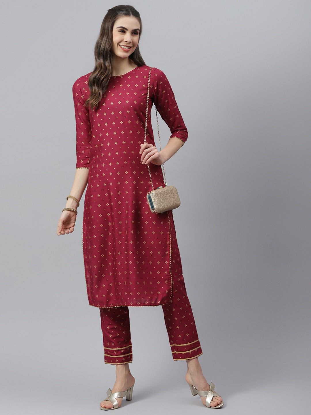 Gold Printed Rayon Straight Kurta Pant Set (Pre-Order)