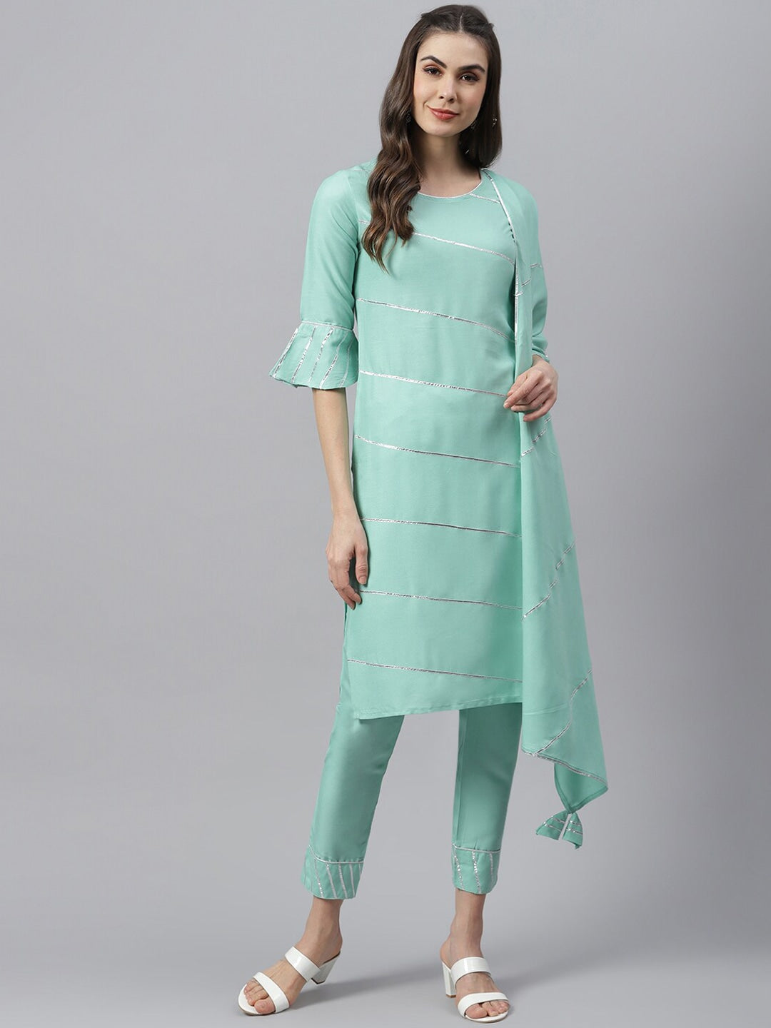 Embellished Rayon Straight Kurta Pant Dupatta Set (Pre-Order)