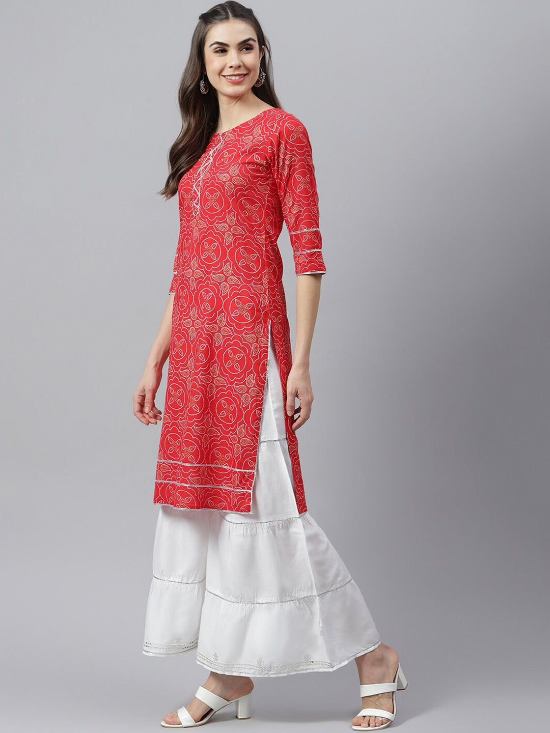 Bandhani Print Rayon Straight Kurta Sharara Dupatta Set (Pre-Order)