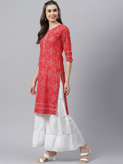 Bandhani Print Rayon Straight Kurta Sharara Dupatta Set (Pre-Order)