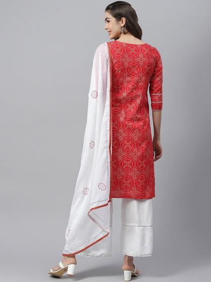 Bandhani Print Rayon Straight Kurta Sharara Dupatta Set (Pre-Order)
