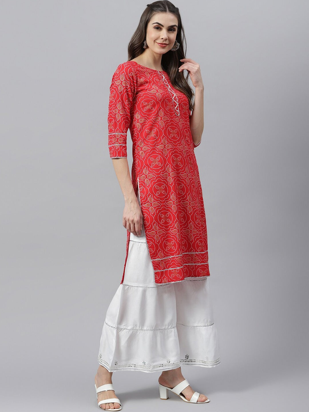 Bandhani Print Rayon Straight Kurta Sharara Dupatta Set (Pre-Order)