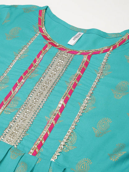 Women Gold Printed Rayon A-Line Kurta Sharara Dupatta Set (Pre-Order)