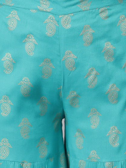 Women Gold Printed Rayon A-Line Kurta Sharara Dupatta Set (Pre-Order)