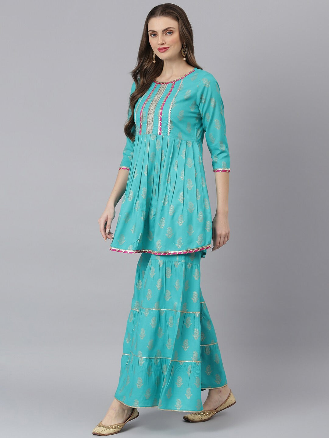 Women Gold Printed Rayon A-Line Kurta Sharara Dupatta Set (Pre-Order)