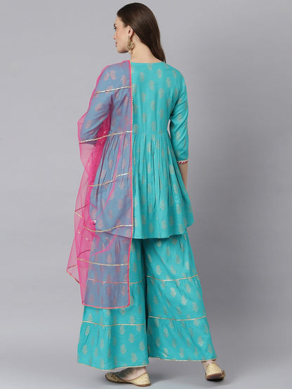 Women Gold Printed Rayon A-Line Kurta Sharara Dupatta Set (Pre-Order)