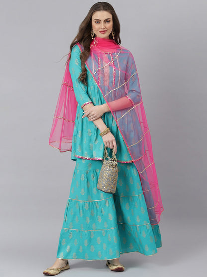 Women Gold Printed Rayon A-Line Kurta Sharara Dupatta Set (Pre-Order)