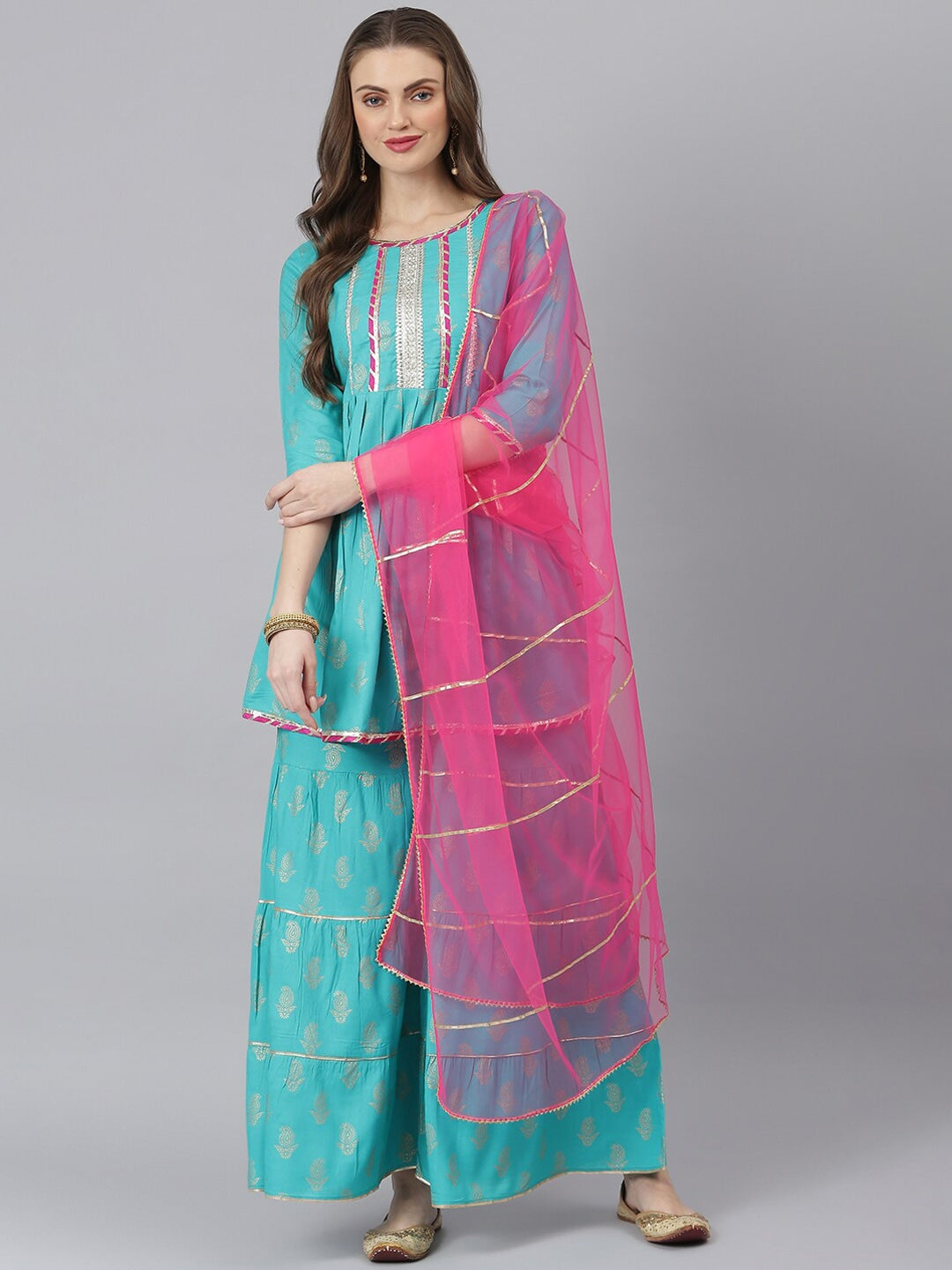 Women Gold Printed Rayon A-Line Kurta Sharara Dupatta Set (Pre-Order)