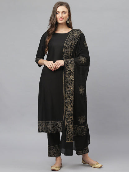 Women Block Print Rayon Straight Kurta Pant Dupatta Set (Pre-Order)