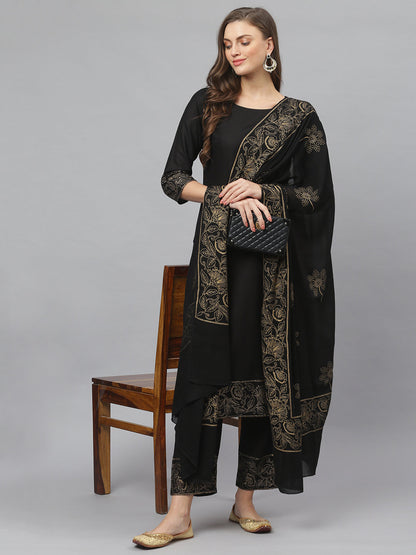 Women Block Print Rayon Straight Kurta Pant Dupatta Set (Pre-Order)