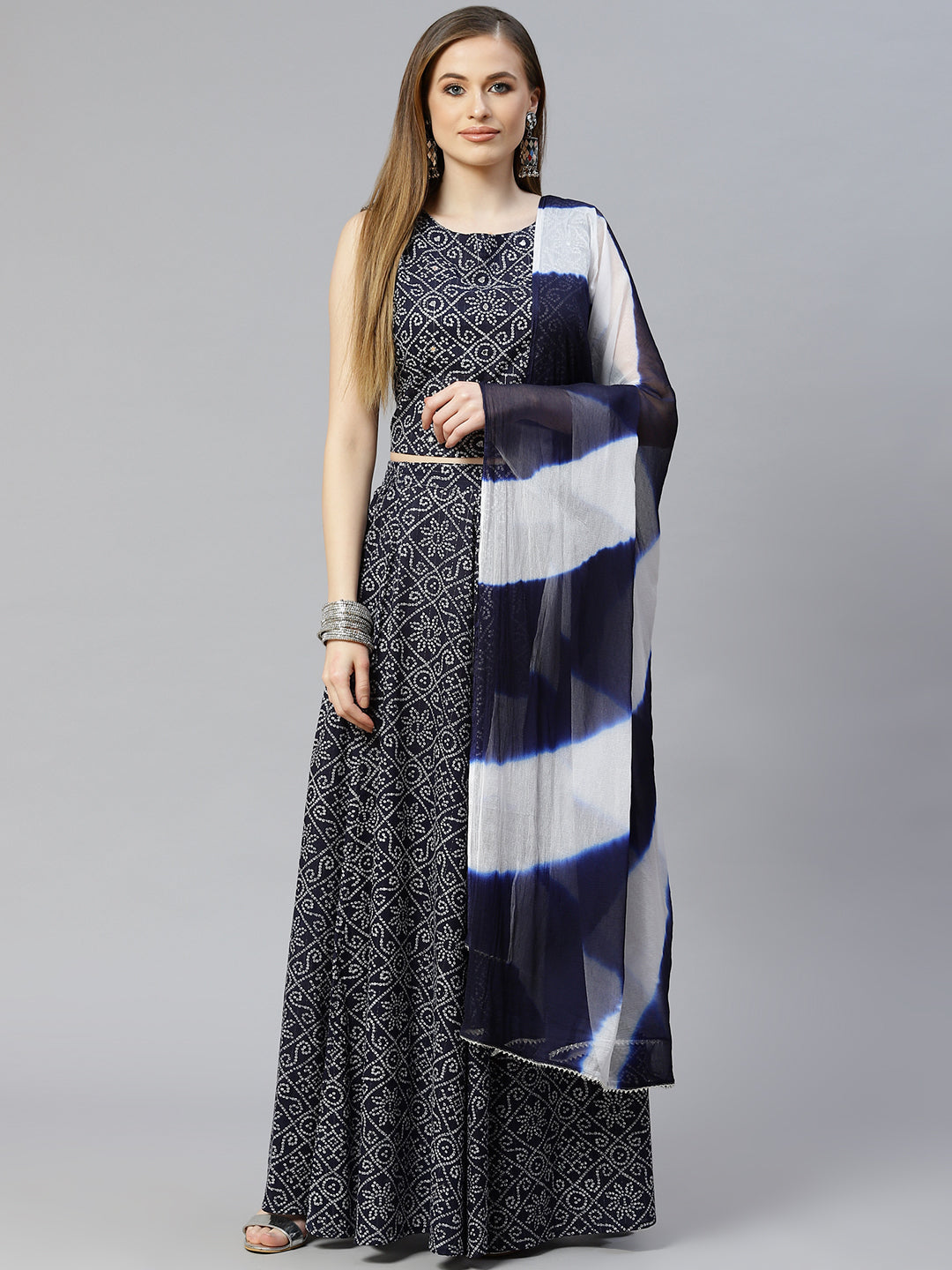 Women Bandhani Print Cambric Crop Top Skirt Set (Pre-Order)