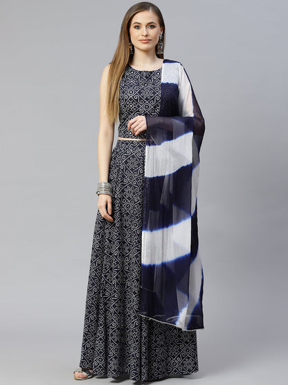 Women Bandhani Print Cambric Crop Top Skirt Set (Pre-Order)