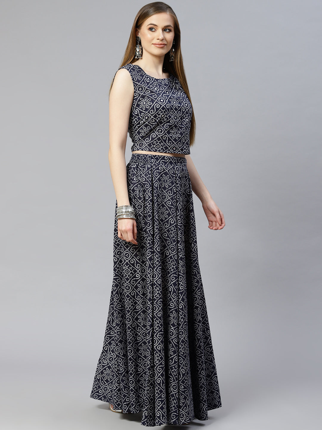 Women Bandhani Print Cambric Crop Top Skirt Set (Pre-Order)