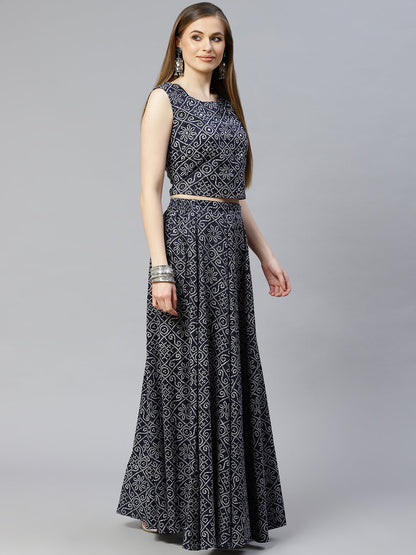 Women Bandhani Print Cambric Crop Top Skirt Set (Pre-Order)